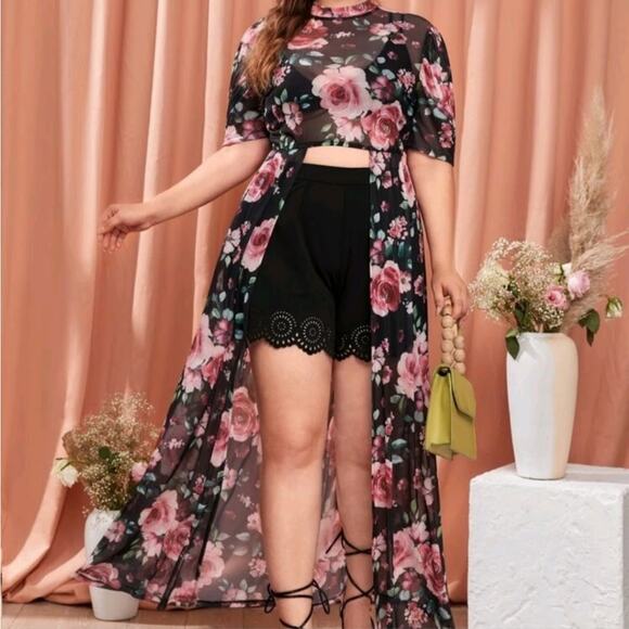 SHEIN Tops - Shein Clasi Sheer Floral Mesh Hi-Lo Longline Top Size 3X